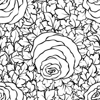 Şirin gül, tek renkli seamless modeli ile çiçek dekoratif siyah ve beyaz arka plan