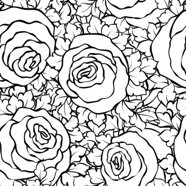 Şirin gül, tek renkli seamless modeli ile çiçek dekoratif siyah ve beyaz arka plan