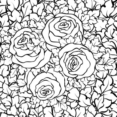 Şirin gül, tek renkli seamless modeli ile çiçek dekoratif siyah ve beyaz arka plan