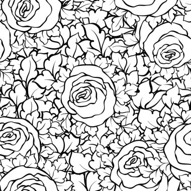 Şirin gül, tek renkli seamless modeli ile çiçek dekoratif siyah ve beyaz arka plan