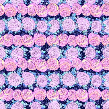 Çiçek dekoratif parlak duvar kağıdı ile şirin gül, mavi arka plan Lila renk seamless modeli