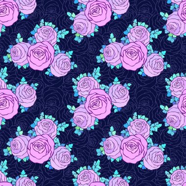 Çiçek dekoratif parlak duvar kağıdı ile şirin gül, mavi arka plan Lila renk seamless modeli