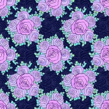 Çiçek dekoratif parlak duvar kağıdı ile şirin gül, mavi arka plan Lila renk seamless modeli