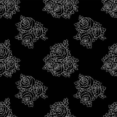 Şirin gül, tek renkli seamless modeli ile çiçek dekoratif siyah ve beyaz arka plan