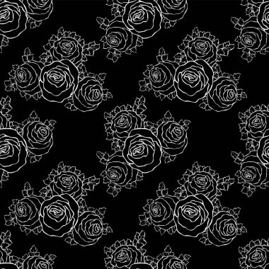Şirin gül, tek renkli seamless modeli ile çiçek dekoratif siyah ve beyaz arka plan