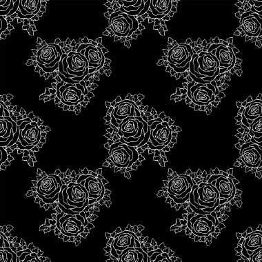 Şirin gül, tek renkli seamless modeli ile çiçek dekoratif siyah ve beyaz arka plan