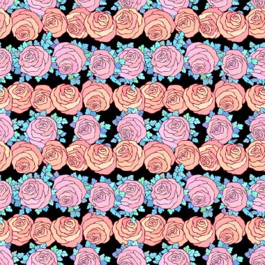 Çiçek dekoratif parlak duvar kağıdı şirin gül ile seamless modeli siyah arka plan üzerine pastel pembe renklerde