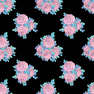 Çiçek dekoratif parlak duvar kağıdı şirin gül ile seamless modeli siyah arka plan üzerine pastel pembe renklerde