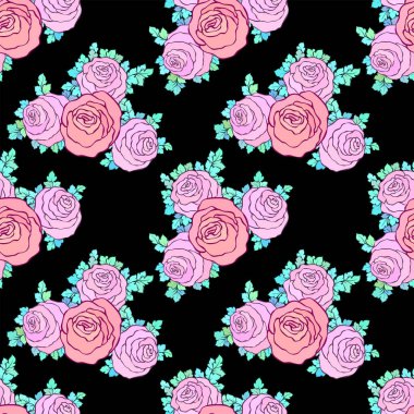 Çiçek dekoratif parlak duvar kağıdı şirin gül ile seamless modeli siyah arka plan üzerine pastel pembe renklerde