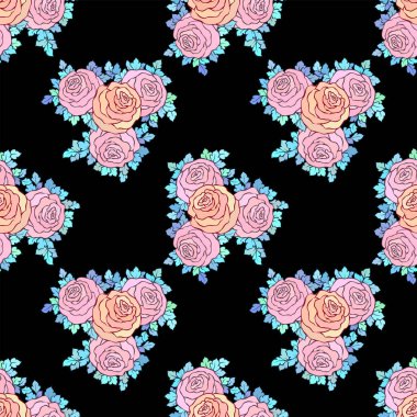 Çiçek dekoratif parlak duvar kağıdı şirin gül ile seamless modeli siyah arka plan üzerine pastel pembe renklerde
