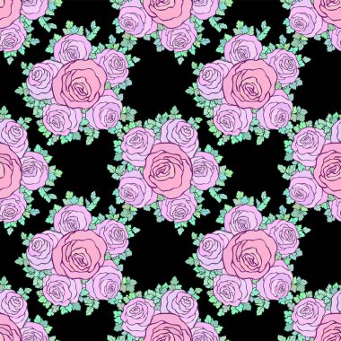 Çiçek dekoratif parlak duvar kağıdı şirin gül ile seamless modeli siyah arka plan üzerine pastel pembe renklerde