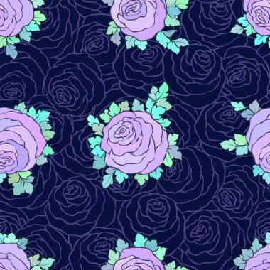 Çiçek dekoratif parlak duvar kağıdı ile şirin gül, mavi arka plan Lila renk seamless modeli