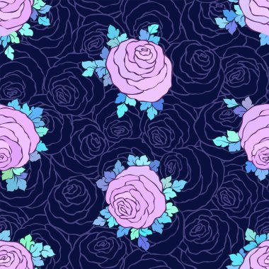 Çiçek dekoratif parlak duvar kağıdı ile şirin gül, mavi arka plan Lila renk seamless modeli