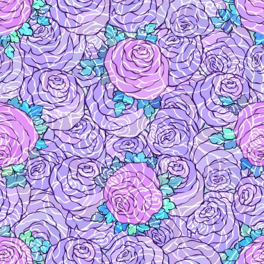 Çiçek dekoratif parlak pembe arka plan ile şirin gül, Lila renkli seamless modeli