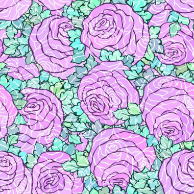 Çiçek dekoratif parlak pembe arka plan ile şirin gül, Lila renkli seamless modeli