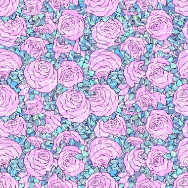 Çiçek dekoratif parlak pembe arka plan ile şirin gül, Lila renkli seamless modeli