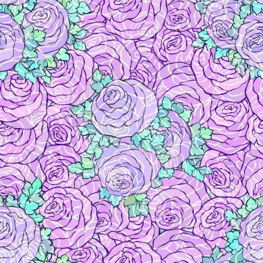 Çiçek dekoratif parlak pembe arka plan ile şirin gül, Lila renkli seamless modeli