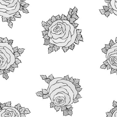 Şirin gül, tek renkli seamless modeli ile çiçek dekoratif siyah ve beyaz arka plan