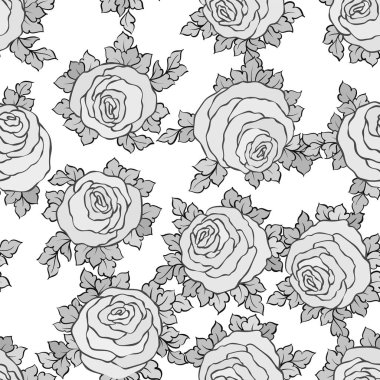 Şirin gül, tek renkli seamless modeli ile çiçek dekoratif siyah ve beyaz arka plan