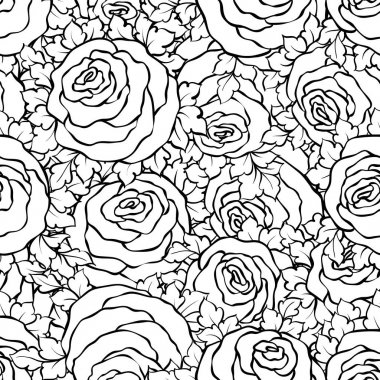 Şirin gül, tek renkli seamless modeli ile çiçek dekoratif siyah ve beyaz arka plan