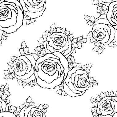 Şirin gül, tek renkli seamless modeli ile çiçek dekoratif siyah ve beyaz arka plan