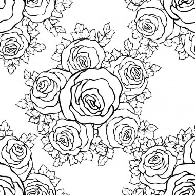 Şirin gül, tek renkli seamless modeli ile çiçek dekoratif siyah ve beyaz arka plan