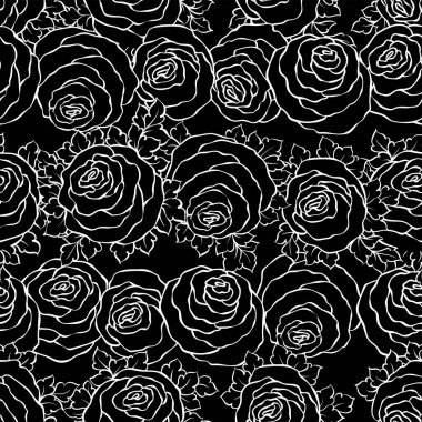 Şirin gül, tek renkli seamless modeli ile çiçek dekoratif siyah ve beyaz arka plan