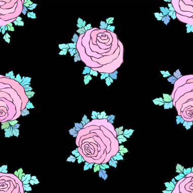 Çiçek dekoratif parlak pembe arka plan ile şirin gül, pastel pembe renklerde seamless modeli