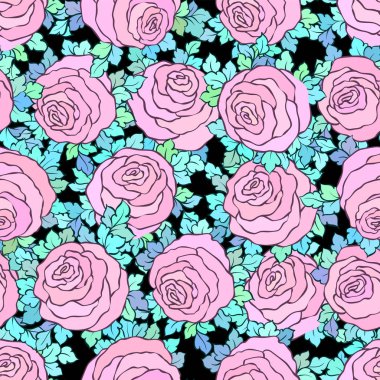 Çiçek dekoratif parlak pembe arka plan ile şirin gül, pastel pembe renklerde seamless modeli