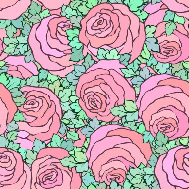 Çiçek dekoratif parlak pembe arka plan ile şirin gül, pastel pembe renklerde seamless modeli