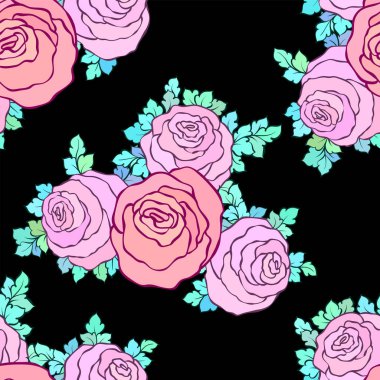 Çiçek dekoratif parlak pembe arka plan ile şirin gül, pastel pembe renklerde seamless modeli