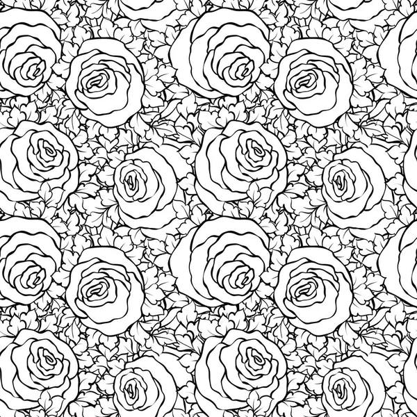 Virágos dekoratív fekete-fehér háttér, aranyos rózsákkal, monokróm zökkenőmentes minta — Stock Vector