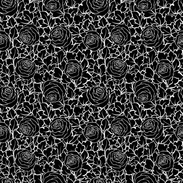 Floraler dekorativer schwarz-weißer Hintergrund mit niedlichen Rosen, monochromes nahtloses Muster — Stockvektor