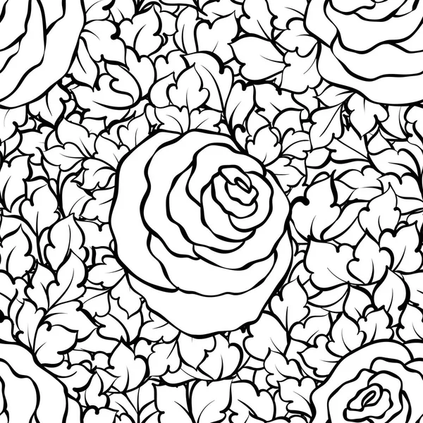 Floral decorativo preto e branco fundo com rosas bonitos, padrão sem costura monocromático — Vetor de Stock