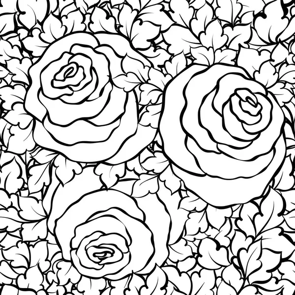 かわいいバラ、モノクロのシームレスなパターンで花の装飾的な黒と白の背景 — ストックベクタ