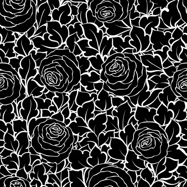 Floral decorativo preto e branco fundo com rosas bonitos, padrão sem costura monocromático — Vetor de Stock