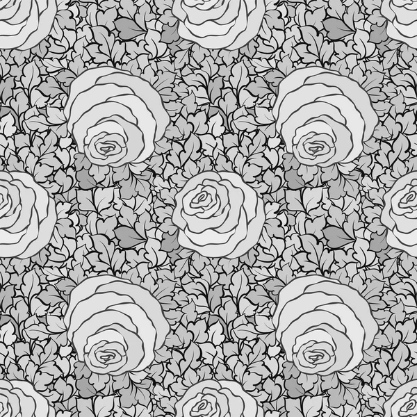 Fond floral décoratif noir et blanc avec de jolies roses, motif monochrome sans couture — Image vectorielle