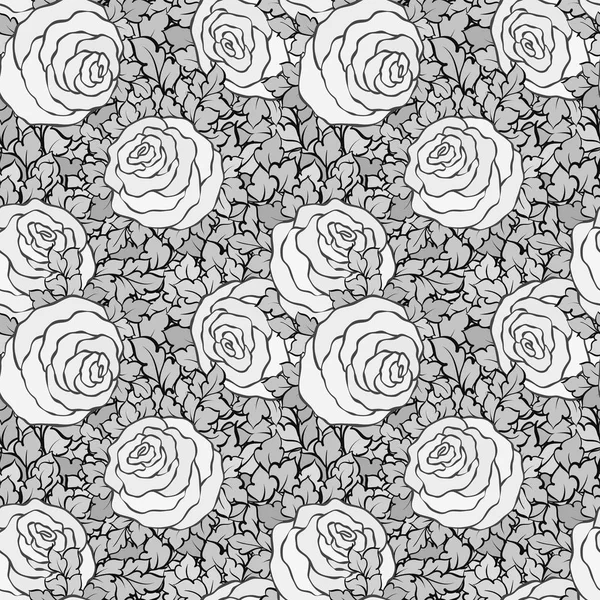 Floral decorative black and white background with cute roses, monochrome seamless pattern — Stock Vector