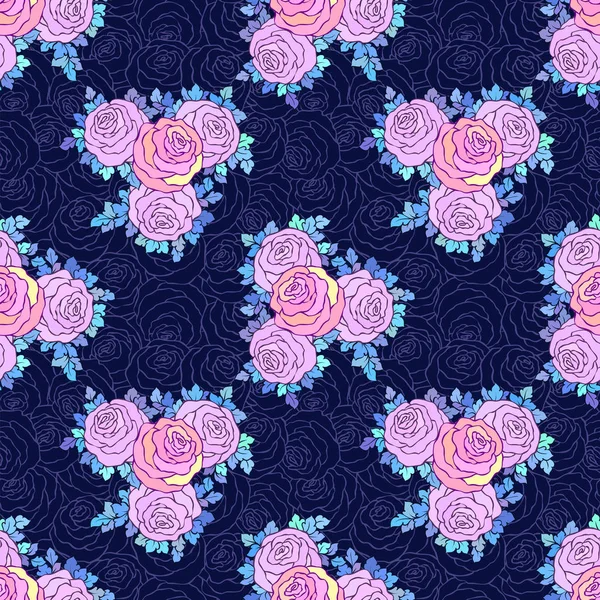Цветочные декоративные яркие обои с милыми розами, бесшовный узор в сиреневых цветах на синем фоне — стоковый вектор