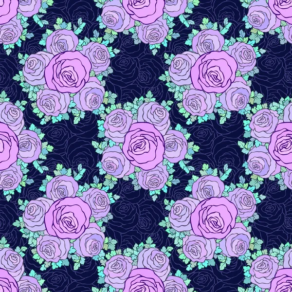 Papier peint floral décoratif lumineux avec des roses mignonnes, motif sans couture dans des couleurs lilas sur fond bleu — Image vectorielle