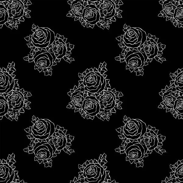 Fond floral décoratif noir et blanc avec de jolies roses, motif monochrome sans couture — Image vectorielle