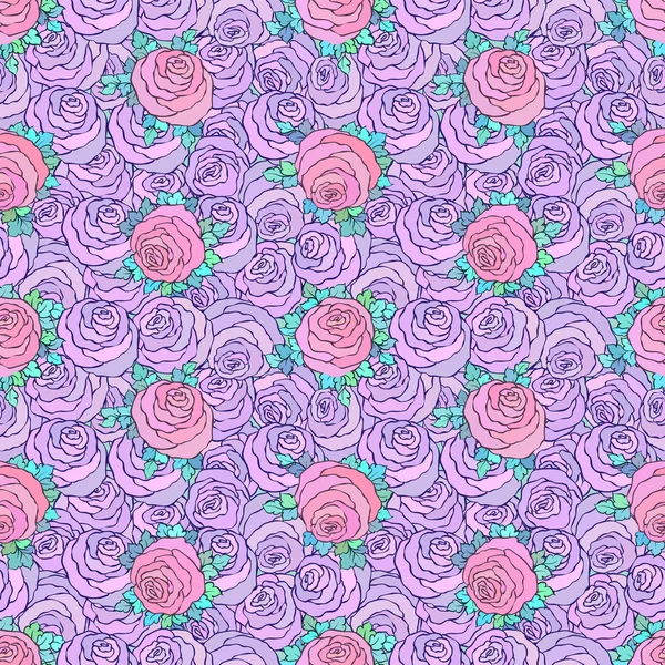 Fondo rosa brillante decorativo floral con rosas lindas, patrón sin costuras en colores lila — Vector de stock