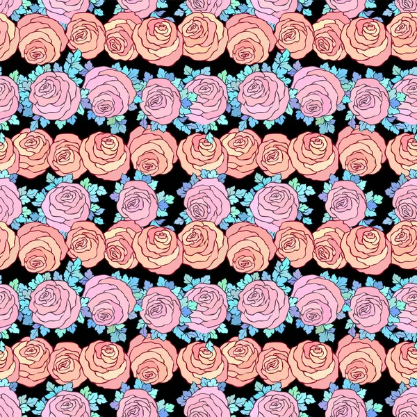 Çiçek dekoratif parlak duvar kağıdı şirin gül ile seamless modeli siyah arka plan üzerine pastel pembe renklerde