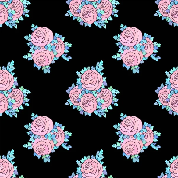 Papel pintado brillante decorativo floral con rosas lindas, patrón sin costuras en colores rosados pastel sobre fondo negro — Archivo Imágenes Vectoriales