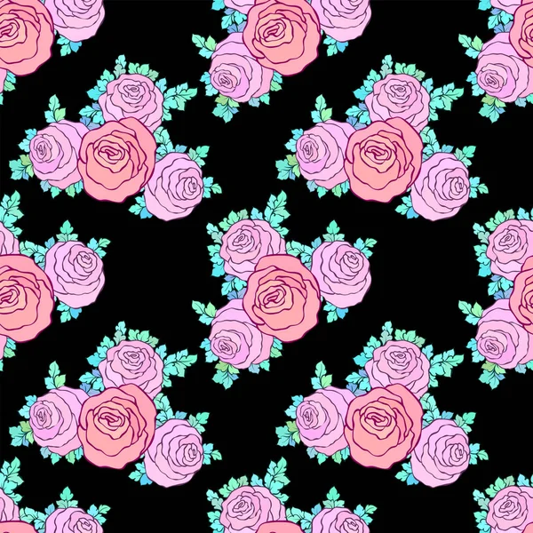 Çiçek dekoratif parlak duvar kağıdı şirin gül ile seamless modeli siyah arka plan üzerine pastel pembe renklerde