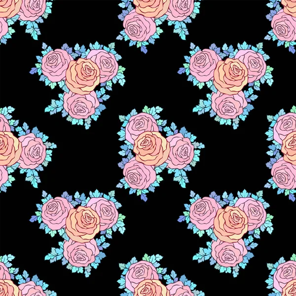 Papier peint floral décoratif lumineux avec de jolies roses, motif sans couture dans des couleurs rose pastel sur fond noir — Image vectorielle