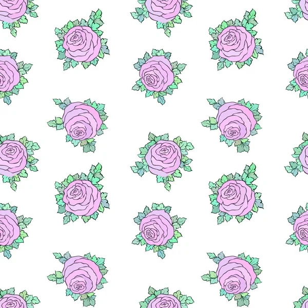 Papel pintado brillante decorativo floral con rosas lindas, patrón sin costuras sobre fondo blanco — Vector de stock