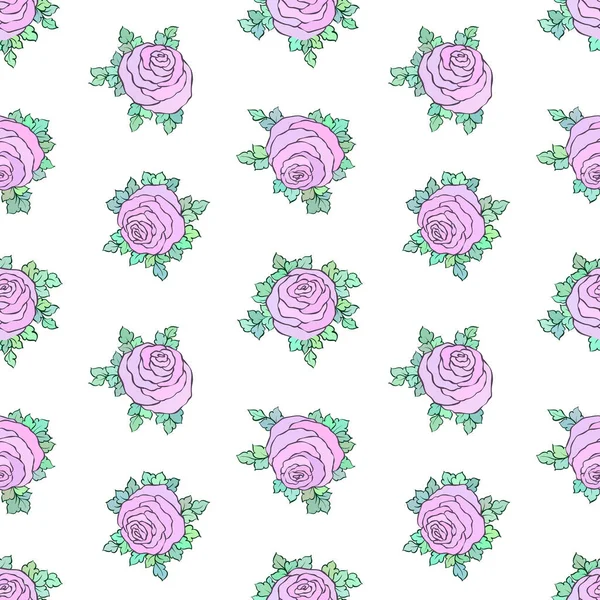 Papel pintado brillante decorativo floral con rosas lindas, patrón sin costuras sobre fondo blanco — Vector de stock