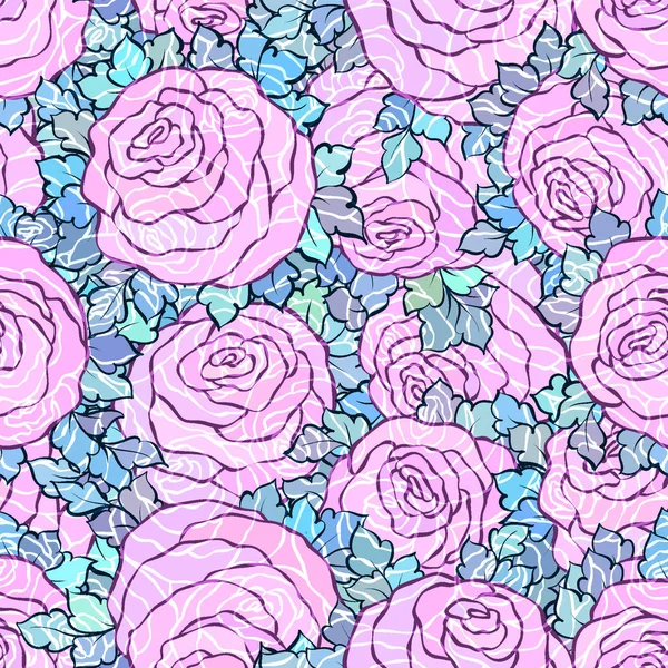 Floral decorativo fundo rosa brilhante com rosas bonitos, padrão sem costura em cores lilás — Vetor de Stock