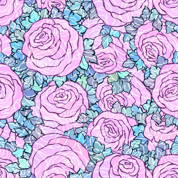 Fondo rosa brillante decorativo floral con rosas lindas, patrón sin costuras en colores lila — Archivo Imágenes Vectoriales